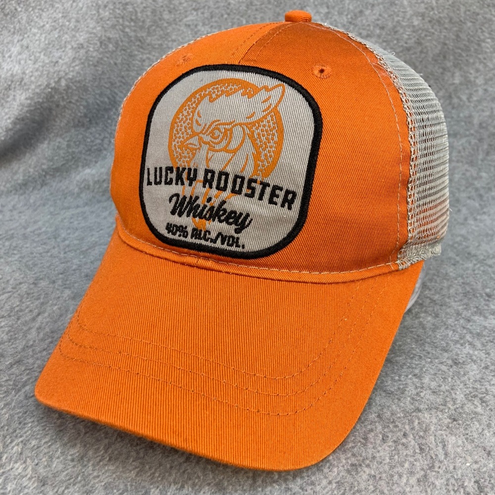 Lucky Rooster Whiskey Mens Orange Infinity Trucker Hat Patch Snapback OSFM